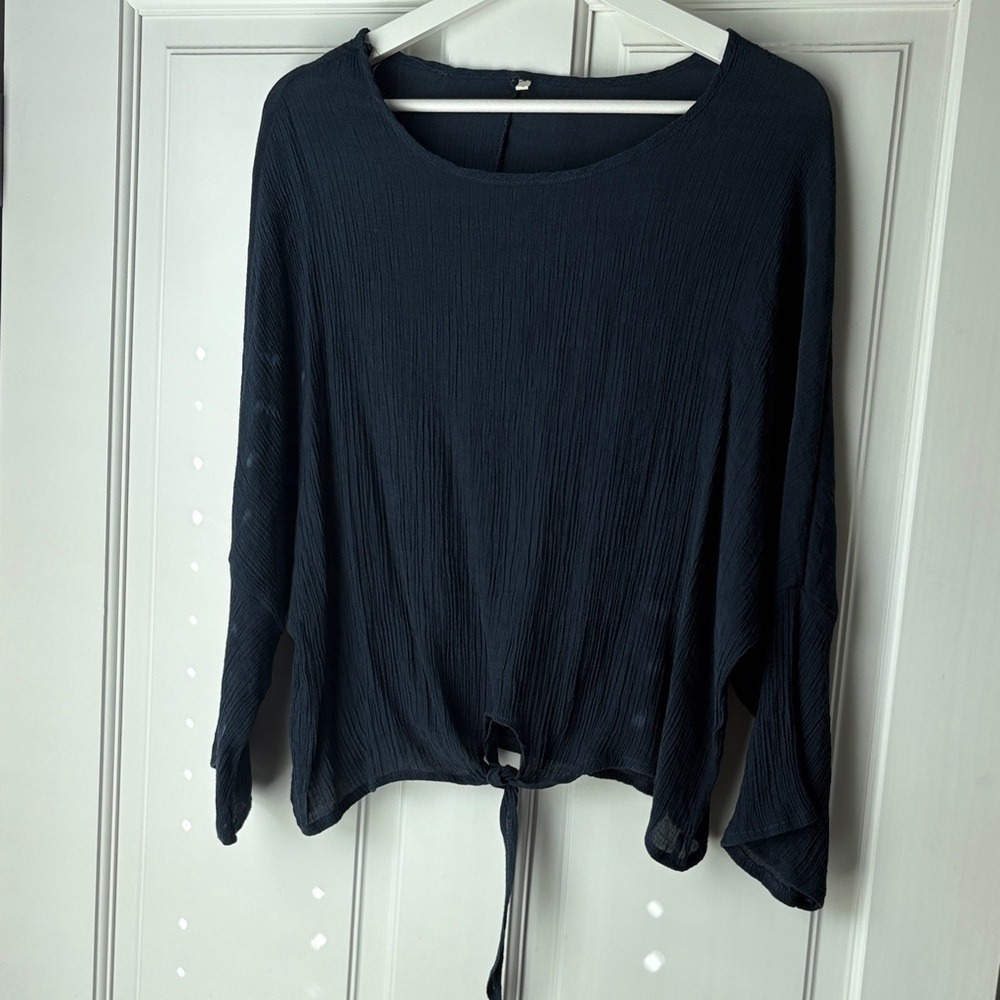 Tie Front Gauze Blouse Large Navy Blue Long Sleeve Dolman Top